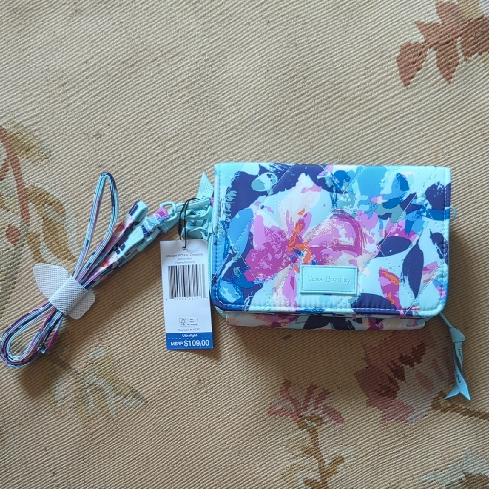 Vera Bradley Floral Phone Wallet Crossbody in Blue and Pink